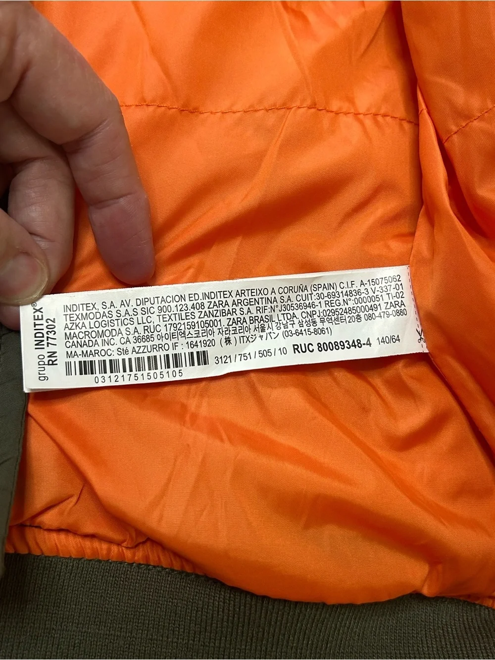 Kid’s Zara Olive Bomber Jacket with Bright Orange Lining Size 10
